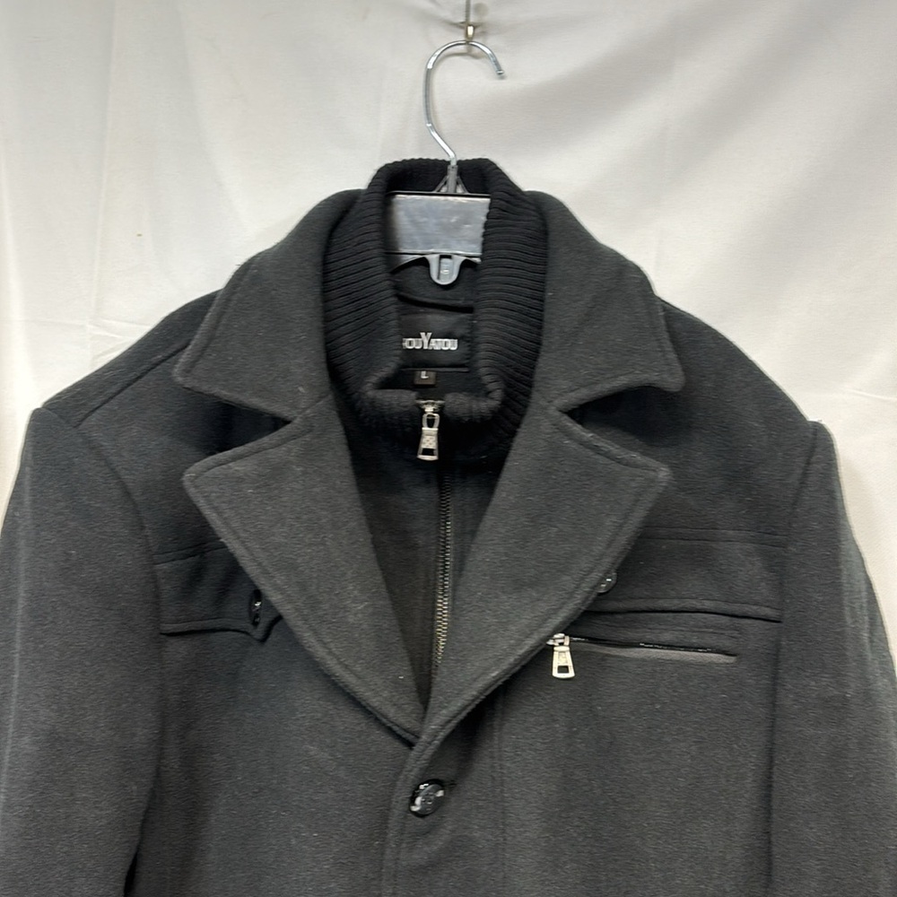 Chou Yatou black wool blend lined Pea Coat jacket size Large - Picture 3 of 13
